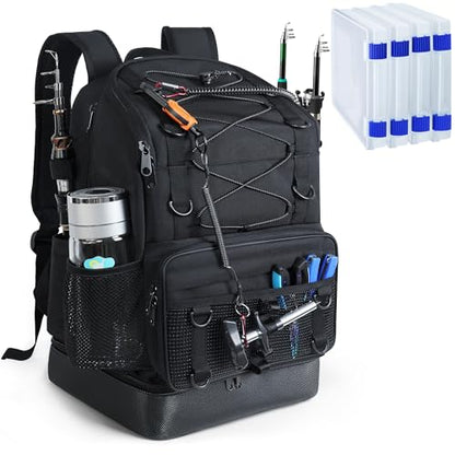 Fishing Backpack with 4 Tackle Boxes, Heavy Duty Fishing Bag with Waterproof Bottom, Tackle Backpack Gifts for Man Woman-Pure Black - color: Pure Black