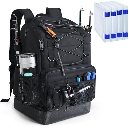Fishing Backpack with 4 Tackle Boxes, Heavy Duty Fishing Bag with Waterproof Bottom, Tackle Backpack Gifts for Man Woman-Pure Black - color: Pure Black