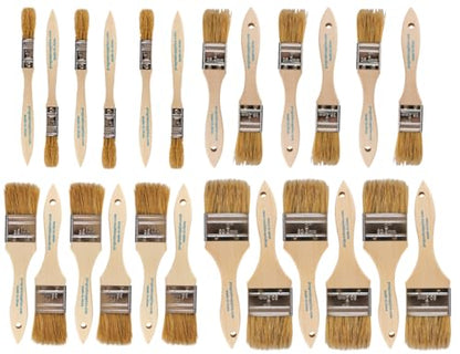 Pro Grade Chip Brushes, Disposable Paint Brushes, Assorted Sizes, 24 Piece | Natural bristle, wood handle | 4 widths, 6 of each | For stain, varnish & glue | Cabinets, furniture, crafts - size: 24Pc. Var.