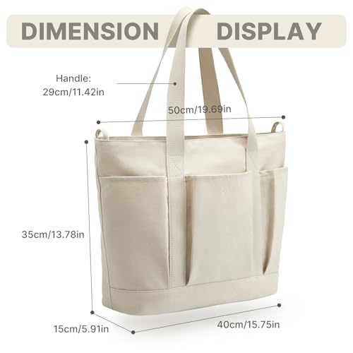 G4Free Large Canvas Tote Bag for Women with Zipper Fit 15.6" Laptop, Everything Tote Bags with Pockets for Work, Travel - color: Beige