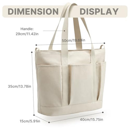 G4Free Large Canvas Tote Bag for Women with Zipper Fit 15.6" Laptop, Everything Tote Bags with Pockets for Work, Travel - color: Beige