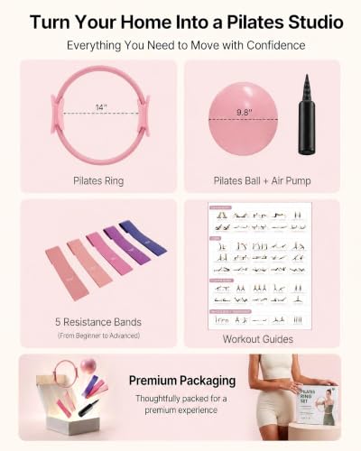 PAETA Pilates Ring Set – 14” Magic Circle (38 lbs Resistance), 9.8” Pilates Ball, 5 Resistance Bands, and Exercise Guide Included for Home Workouts - color: pink