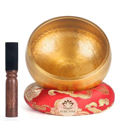 AKLOT HandMade Meditation Singing Bowl: Tibetan Sound Bowl Set with Pure Tone, Sound Bath Bowl with Cushion, Mallet, Spiritual Gift for Chakra Clearing, Healing, Yoga, Prayer, Relaxation (3.5 Inch) - color: 3.5 inch Gold
