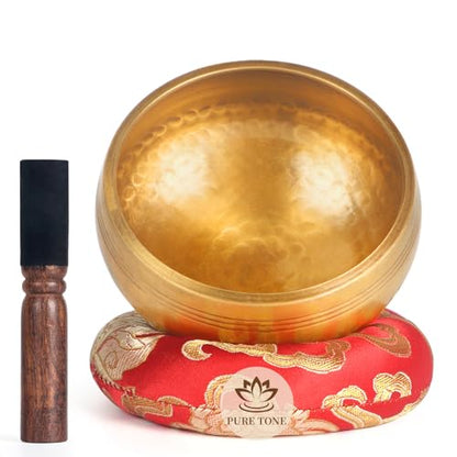 AKLOT HandMade Meditation Singing Bowl: Tibetan Sound Bowl Set with Pure Tone, Sound Bath Bowl with Cushion, Mallet, Spiritual Gift for Chakra Clearing, Healing, Yoga, Prayer, Relaxation (3.5 Inch) - color: 3.5 inch Gold
