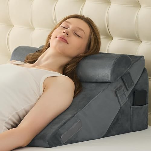 Sasttie Adjustable Wedge Pillow Set for After Surgery, Velvet - Dark Grey | Bed Wedge Pillow Headboard with Memory Foam Neck Cushion, for Acid Reflux, Sleeping, Neck & Back Support - color: Velvet - Dark Grey, size: Adjustable 9&12 Inch + 1 Head Pillow