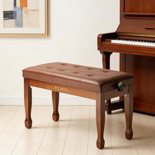 Adjustable Height Duet Piano Bench, Wooden Piano Stool with Waterproof Padded Cushion, Bench Seat for Vanity, Bedroom, Living Room, Light Brown - color: Duet-wood