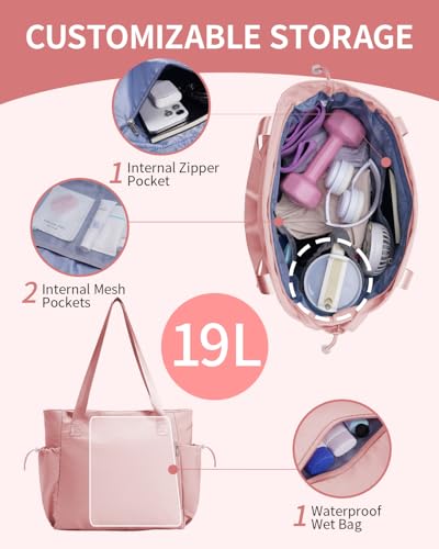 sportsnew Yoga Mat Bag Waterproof Tote Gym Bag Mat Carrier W/Wet Pocket | hook-and-loop mat holder 5s quick access, 40oz handled bottle pocket, wet bag, lightweight waterproof, drawstring pockets,19L - color: Lotus Root Pink