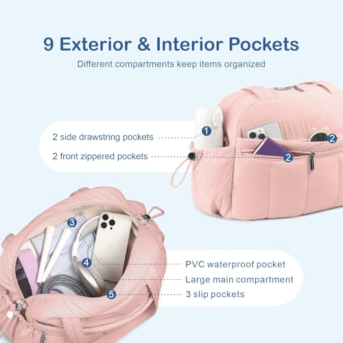 TOPDesign Travel Duffel Bag for Women, Puffer Gym Bag Sports Tote with Wet Pocket, Carry On Weekender with Luggage Sleeve (Pink) - color: Pink