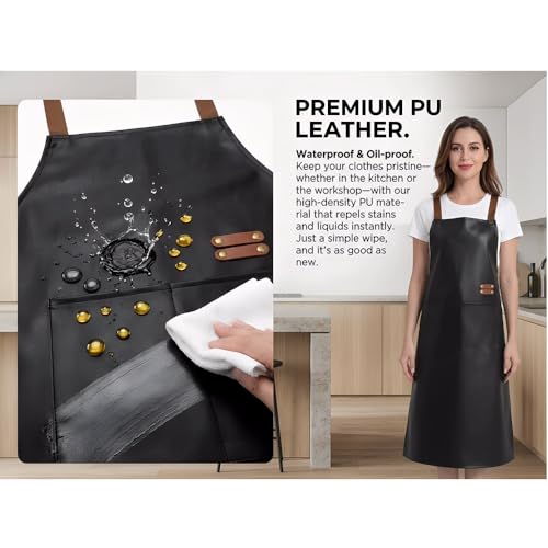 Waterproof Apron Large Pocket PU Material Waterproof Oil-proof Dust-proof Apron Black and Red - color: Black（long）