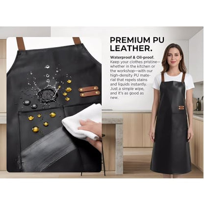 Waterproof Apron Large Pocket PU Material Waterproof Oil-proof Dust-proof Apron Black and Red - color: Black（long）