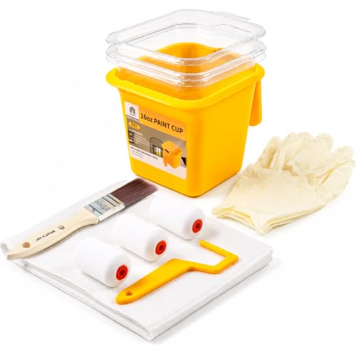 VOOMEY Handheld Paint Bucket & Cup Roller Kit with Liners for Wall Trim | 16oz Paint Cup, 3 Disposable Liners, 2in Foam Roller, 1in Trim Brush, Drop Cloth, Gloves
