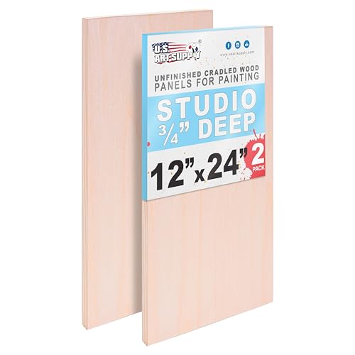 U.S. Art Supply 12" x 24" Unfinished Cradled Wood Panels for Painting, Studio 3/4" Deep (2 Pack) - Artist Depth Birch Wooden Wall Canvases - Mixed-Media Craft, Acrylic, Oil, Encaustic, Paint Pouring - size: 12" x 24"