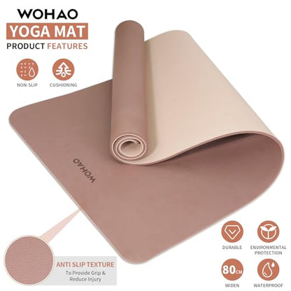8mm Extra Wide 80cm Yoga Mat Non Slip - color: Brown+Apricot