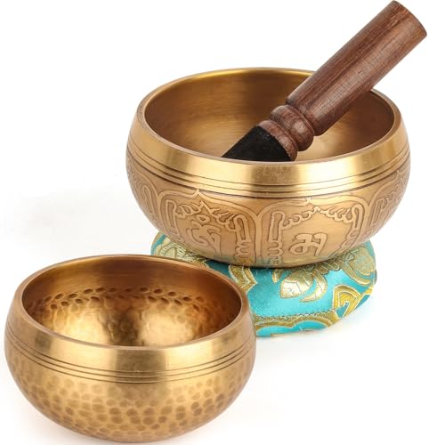 Relaehih 2-Pack Tibetan Singing Bowls Set - 100% Handmade in Nepal, Sound Bowl Meditation Set for Yoga, Chakra Healing, Meditation Gifts, Unique Gifts for Women (Blue, 3.15 + 4 inch) - color: Blue