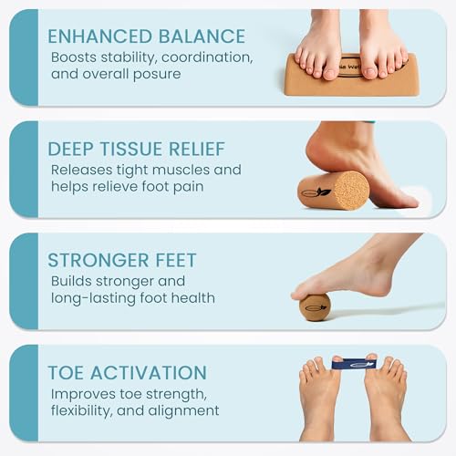 Natural Cork Balance Board Set - Yoga Foot & Ankle Strengthener, Balancing Board Massager for Plantar Fasciitis Relief, Pilates Toe Stretcher