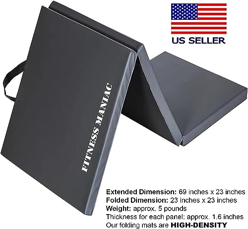 Fitness Maniac HIGH-DENSITY Firm Foam Folding Mat Thick Exercise Gymnastics Panel Gym Mats Non Slip with Carrying Handles Yoga Aerobics Workout Training - color: Tri-Fold (Black)