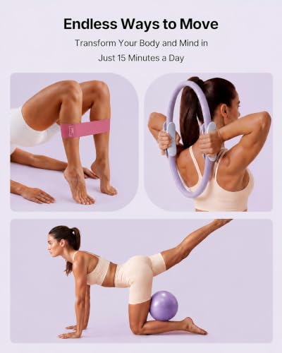 PAETA Pilates Ring Set – 14” Magic Circle (38 lbs Resistance), 9.8” Pilates Ball, 5 Resistance Bands, and Exercise Guide Included for Home Workouts - color: purple