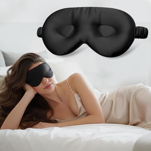 Silk Eye Mask for Sleeping 100% Mulberry Silk Women Men Blindfold,3D Luxury Travel Smooth Elastic Strap Eye Masks Breathable Cooling Soft Night Sleep Work Eyeshade Cover,Black - color: Black