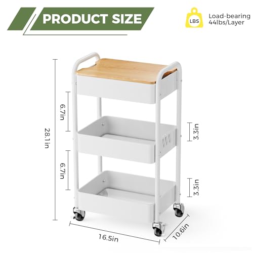 3-Tier Rolling Cart with Table Top, Metal Utility Cart on Wheels | Sturdy Storage Organizer Cart with Lockable Wheels&Hooks for Craft, Office, Classroom, Kitchen and Bathroom, WHite - color: White