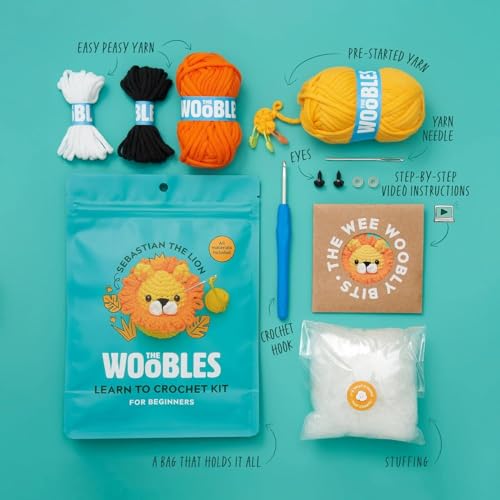The Woobles Crochet Kit for Beginners (Sebastian the Lion) | As seen on Shark Tank, Kit includes: Easy Peasy Yarn, pre-started piece, hook, safety eyes, stuffing, video tutorials - color: Sebastian The Lion