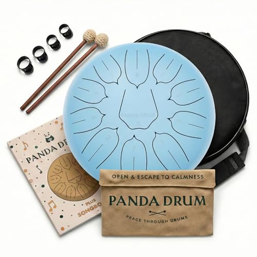 Panda Drum Plus (Blue) | Steel Tongue Drum for Inside & Outside | 11 Inch | with Music Book, Mallets, Carrying Bag & Finger Picks | 432 Hz Rain Drum | Calming Musical Instrument for Adults - color: 4-Blue