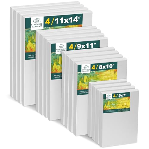 Inburit 16 PCS Multi Size Stretched Blank Canvas for Acrylic & Oil Painting | 16 Pack Blank Primed Cotton Canvas for Acrylic & Oil Paint, 5x7, 8x10, 9x12, 11x14 inches - size: 16PCS+(4sizex4)