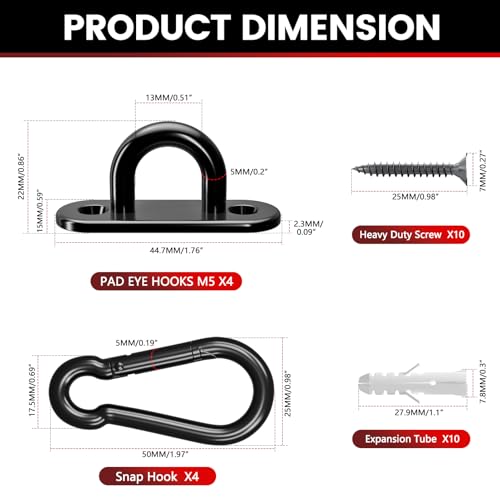 sprookber 304 Stainless Steel Pad Eye Snap Hook, M5 Ceiling Hook 500Lb,8Pcs | Hanging Kit with Screws for Hammock Chair Swing, Yoga Gym Equipment, Sun Shade Sail, Plant Hangers & Marine Boat Hardware - size: 2 Inch, style: Black Oval