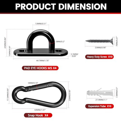 sprookber 304 Stainless Steel Pad Eye Snap Hook, M5 Ceiling Hook 500Lb,8Pcs | Hanging Kit with Screws for Hammock Chair Swing, Yoga Gym Equipment, Sun Shade Sail, Plant Hangers & Marine Boat Hardware - size: 2 Inch, style: Black Oval