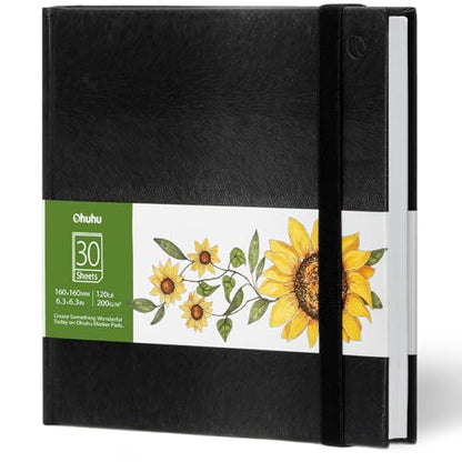 Ohuhu 6.3"x6.3" Marker Paper Pad Art Sketchbook for Drawing and Sketching | Mini Sketch Book - 120 LB/200 GSM Smooth Drawing Paper - 30 Sheets/60 Pages - PU Hardcover Sketch Pad for Alcohol Markers - size: 6.3" x 6.3"