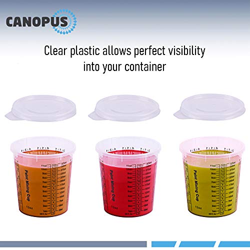 CANOPUS 12-oz Paint Mixing Cups, Pack of 12 Cups with 3 Lids, Reusable and Solvent-Resistant Clear Plastic Containers for Paint, Epoxy, Resin, Oil, and Thinner - size: 12 oz