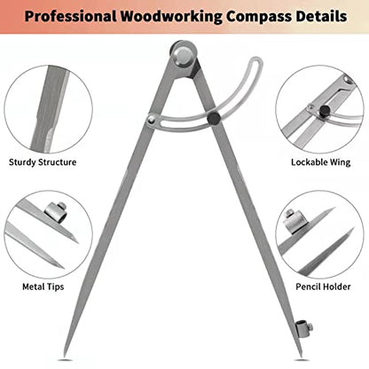 24 inch Compass for Geometry, Compass for Woodworking, Precision Woodworking Compass with Wing Divider and Pencil Holder, Large Compass for Geometry, Woodworking Compass, Drafting, Drawing Compass - size: 24in