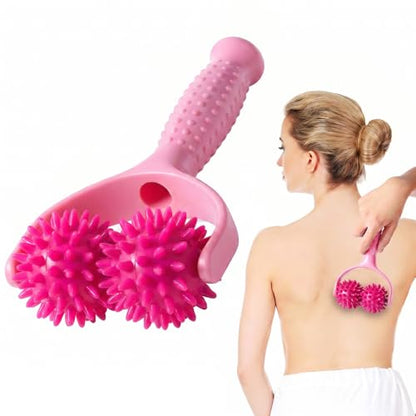 Handheld Spiky Massage Balls Rollers, 2 Wheel Spiky Silicone Manual Massage Roller with Ergonomic Handle, Portable Pressure Point Muscle Massages Tool for Foot Arm Body Neck Leg Pain Pressure Relief - color: Pink