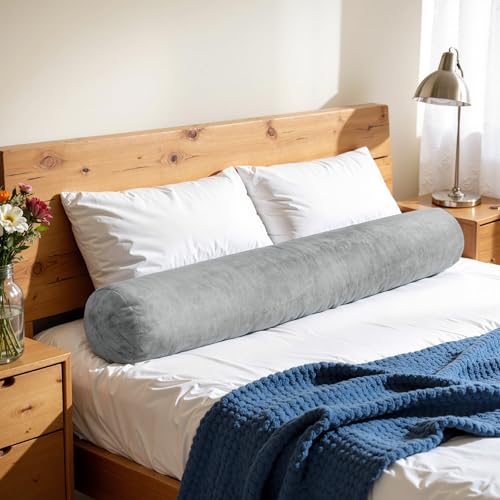 SyMax 7.8"x47" Body Pillow for Adults, Long Round Body Pillow for Adults, Bolster w/Removable Polyester Cover, Headboard Gap Filler Pillow, Light Grey - color: Light Grey, size: 47.1 inch