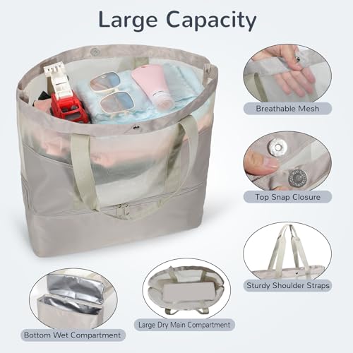 Mesh Tote Beach Bag with Leakproof Wet Compartment - color: Khaki