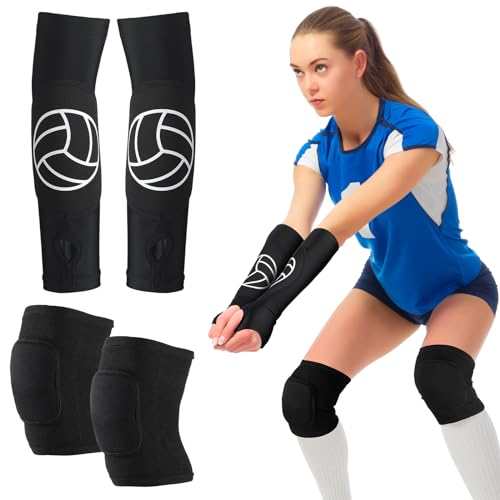Hungdao 1 Set Volleyball Knee Pad and Arm Sleeve Volleyball Accessories Stuff Forearm Elbow Sleeve Wrist Guard with Protection Pad and Thumb Hole for Women Men Adult(Classic) - color: Classic