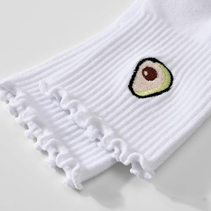 Women's Pilates Grip Socks, Ruffle Non Slip Bow Pattern Yoga Socks | Grippy, Frilly Trim, Embroidery, Crew Length, Soft Cotton, Arch Support, for Barre Ballet Dance Workout Hospital Home Gifts - color: E01-white(cherry) + White(avocado)