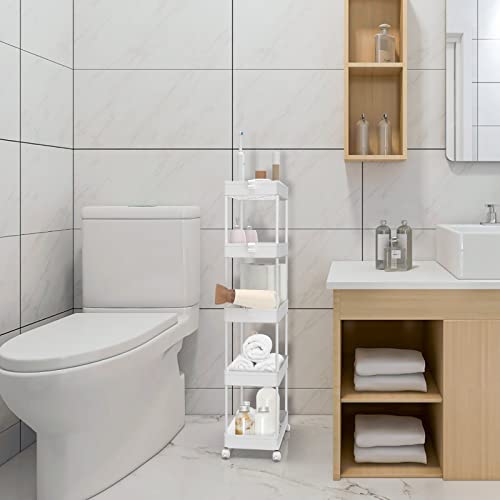 SPACEKEEPER 5 Tier Storage Rolling Cart, Bathroom Cart with Wheels, White - color: White, size: 5 Tier