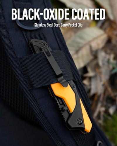 3.5" Replaceable Blade EDC Folding Hunting Knife with Dual Thumb Opener and Pocket Clip with 3 Drop Point Blades, Durable ABS and Non-Slip rubberized TPR Handle with Nylon-Holster, skinning knife - style: Orange Hunting knife