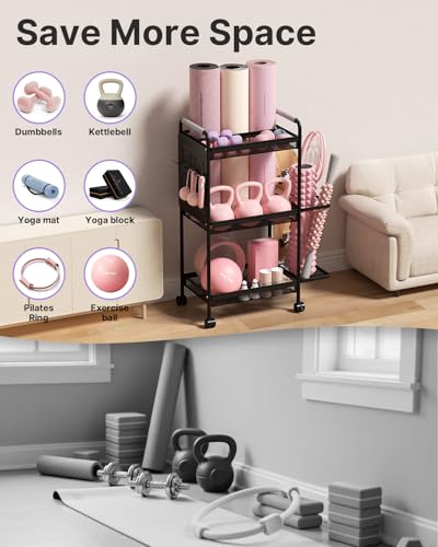 YOTTOY 3-Tier Gym Storage Rack for Home Gym–Multi-Functional Weight Rack, Dumbbell Rack, Yoga Mat Holder with Side Basket & 6 Hooks, Gym Equipment Organizer - color: Black