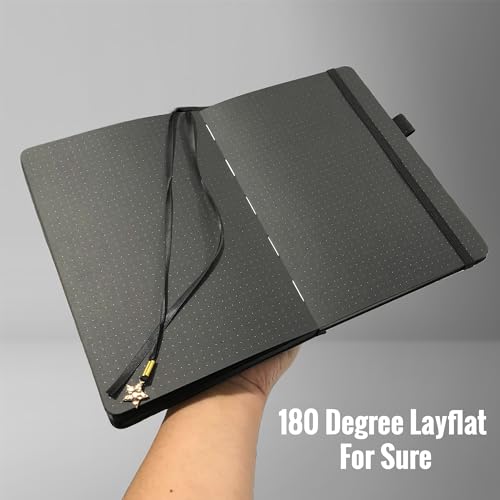BUKE Dotted Journal - 150gsm Black Paper - 5 * 5mm DOT GRID Layout 160 Pages - A5 Size PU Leather Hardcover Drawing Sketch Notebook (Black) - color: Black