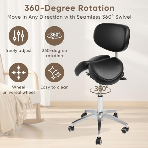 Ergonomic Saddle Stool with Backrest, 485 lbs Capacity Rolling Stool, 12 Tilt, Adjustable Height Split Seat Stool, 360 Swivel Rolling Chair for Office, Salon, Massage, Dental, Tattoo - color: Saddle Stool With Backrest