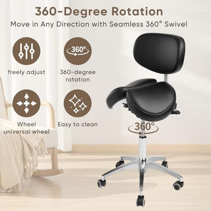 Ergonomic Saddle Stool with Backrest, 485 lbs Capacity Rolling Stool, 12 Tilt, Adjustable Height Split Seat Stool, 360 Swivel Rolling Chair for Office, Salon, Massage, Dental, Tattoo - color: Saddle Stool With Backrest