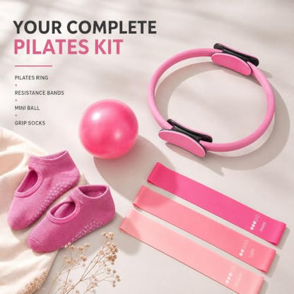 Pilates Ring and Ball Set, 6 Pcs Home Pilates Kit with 13” Circle Circle Yoga Ring 3 Resistance Bands 9.8” Pilates Ball Pilates Grip Socks, Pilates Essential Kit for Women Girl Home Workouts - size: 6 PCS