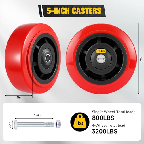 5 Inch Wheels,Heavy Duty Replacement Wheels,Casters Set of 4 Load 3200 Lbs | Polyurethane Surface TPE Casters,Dual Ball Bearings,Heavy Duty Wheels Replace,for Replace Flatbed Cart & Trolleys Wheels - size: 5 INCH