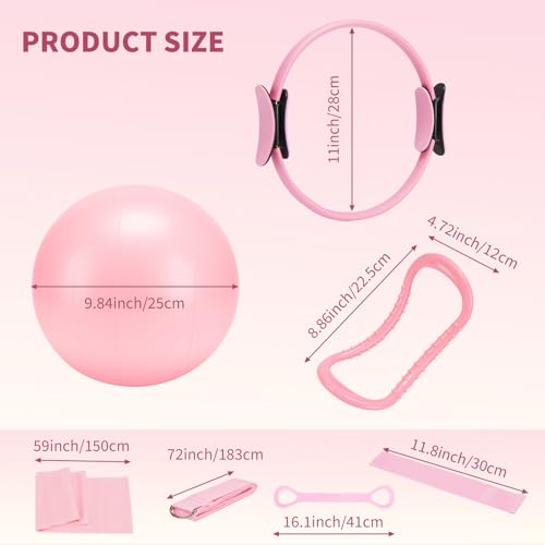 Pilates Ring Set for Women, Home Workout Pilates Equipment with Resistance Bands, 14'' Magic Circle, Mini Ball, Pilates Starter Kit for Strength - color: Pink