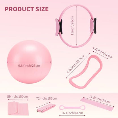 Pilates Ring Set for Women, Home Workout Pilates Equipment with Resistance Bands, 14'' Magic Circle, Mini Ball, Pilates Starter Kit for Strength - color: Pink