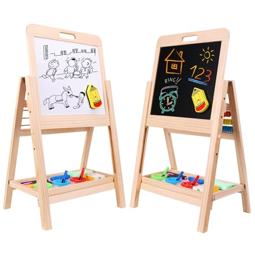 QZMTOY Kids Art Easel, Deluxe Standing Easel Set, Adjustable Art Table, Dry Erase Board & Chalkboard Double Sided Stand, 360 Rotating Drawing Easels with Art Supplies, Adjust Height 28-39in