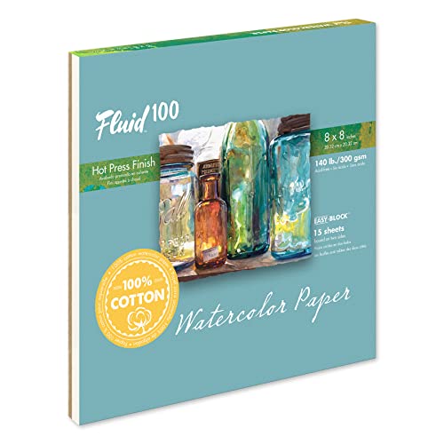 Fluid 100 Watercolor Paper Block, 8 x 8 inches, 15 Sheets, 140 lb (300 GSM) 100% Cotton Hot Press Pad for Artist Painting and Wet Media - size: 8 x 8