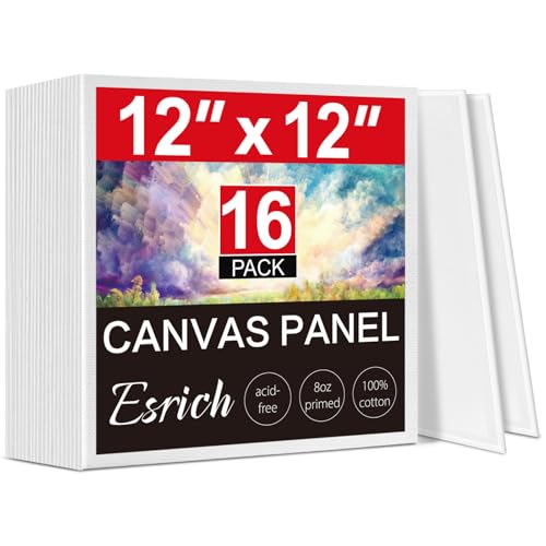 ESRICH Canvas for Painting, 16 Pack Square Canvas Boards for Painting 12x12 100% Cotton Primed Acid Free Blank Canvas Panels for Oil Paint, Watercolor, Acrylic Paint, Gouache and Tempera. - size: 12x12in