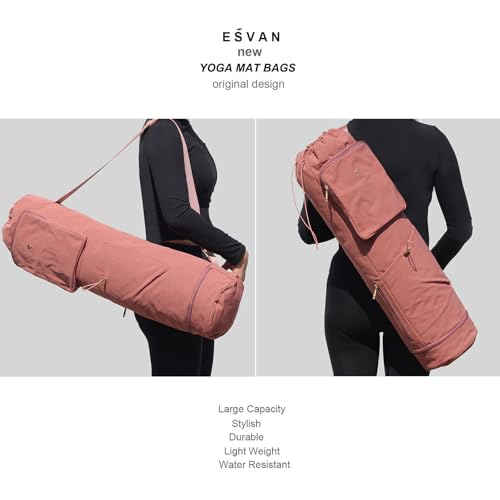 ESVAN Yoga Mat Bag with Multi Pockets Drawstring Yoga Mat Carrier Pilates Exercise Multi-Functional Storage Bag - color: Nylon Pink